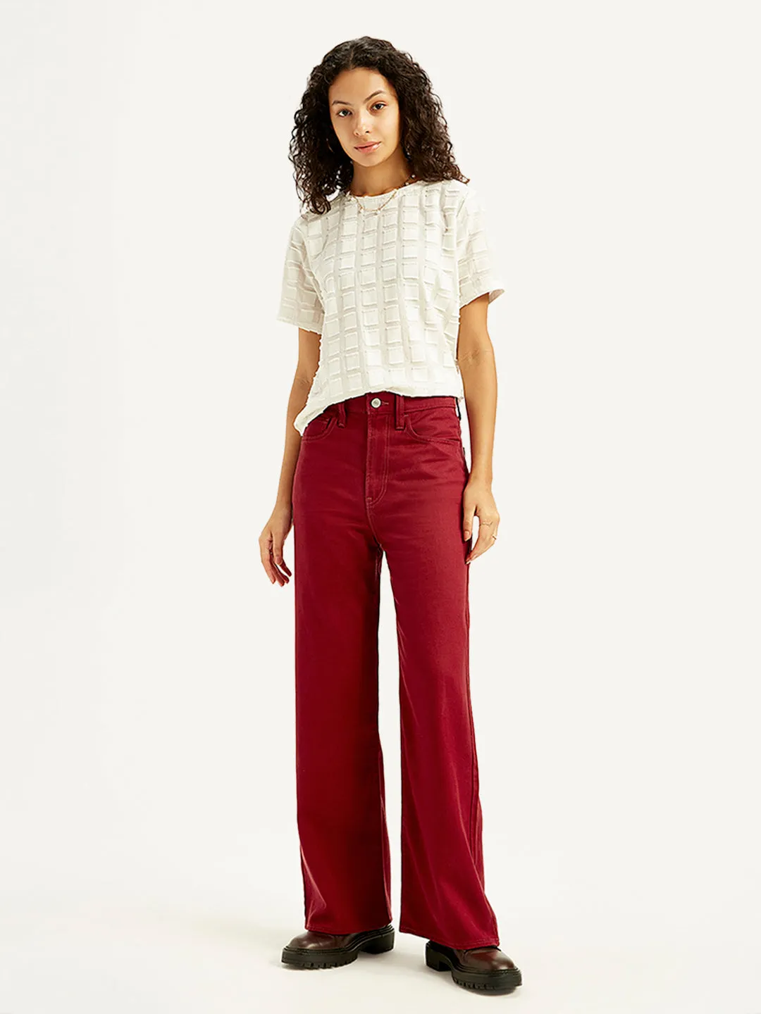 Women's Red Wideleg Fit High Rise Jeans