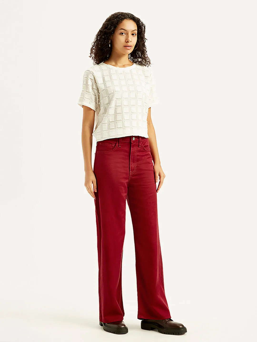 Women's Red Wideleg Fit High Rise Jeans
